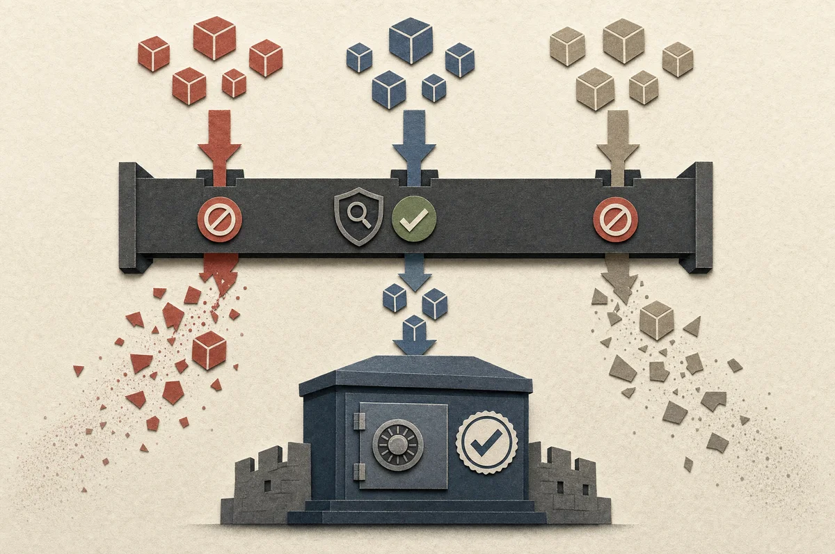Pinned, CVE-checked packages passing through a gate into a local registry, the only source your build system talks to